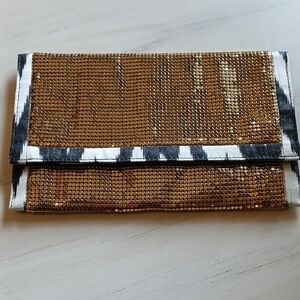 Gold Sequin Fold-Over Clutch with Black & White Trim